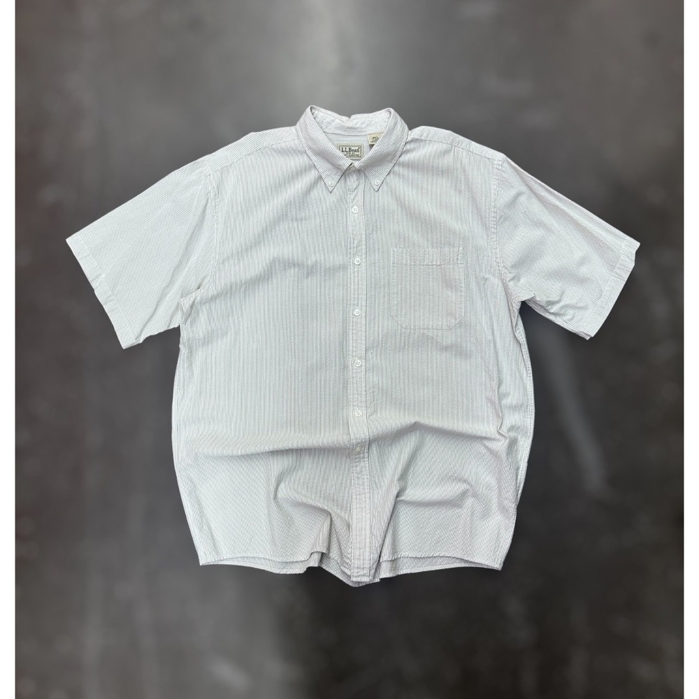 L.L. Bean Button Down Shirt Men's Large White Beige  Stripe Cotton Short Sleeve